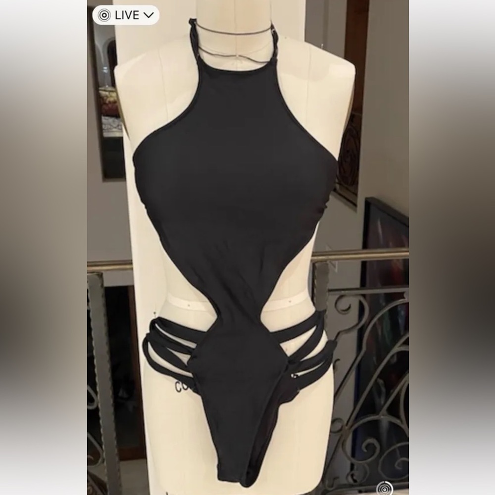 One piece sexy black bathing suit with high neck M